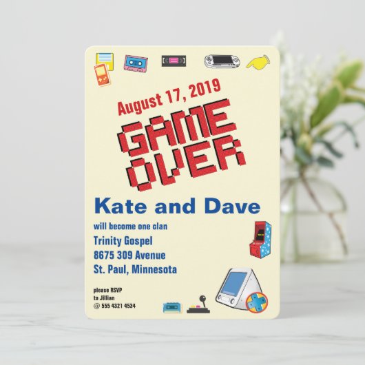 レトロゲーム好きの楽しいカップルが結婚しました 🎮 招待状 (スタンド正面)