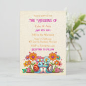 レトロコテージコア花とカタツムリ結婚の 招待状 (スタンド正面)