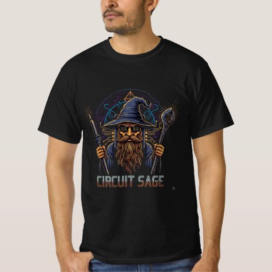 レトロコンピューターチップの魔法使いイラスト Tシャツ (正面)