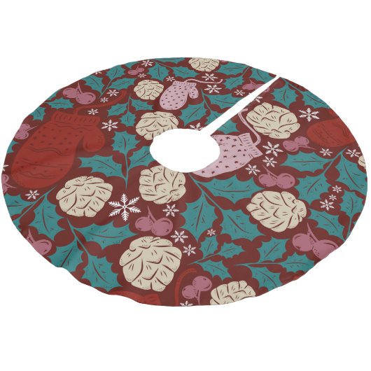レトロコージークリスマスパターンレッドグリーン ブラッシュドポリエステルツリースカート (アングル)