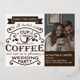 レトロコーヒーをテーマにしたウェディング日付を保存デザイン 箔シーズンポストカード