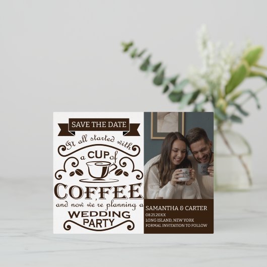 レトロコーヒーをテーマにしたウェディング日付を保存デザイン 箔シーズンポストカード (立ち正面)