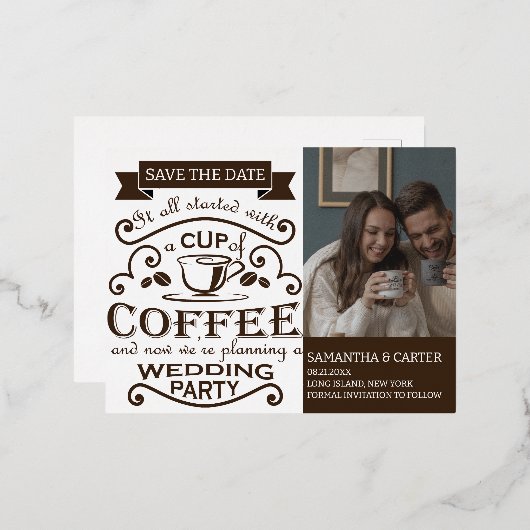 レトロコーヒーをテーマにしたウェディング日付を保存デザイン 箔シーズンポストカード (正面/裏面)