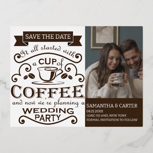 レトロコーヒーをテーマにしたウェディング日付を保存デザイン 箔シーズンポストカード (正面)
