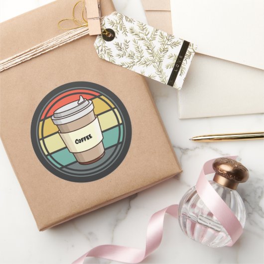 レトロコーヒーホットドリンク行く ラウンドシール (ギフト)