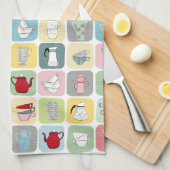 レトロコーヒーポットとカップパターン キッチンタオル (四つ折り)