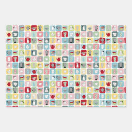 レトロコーヒーポットとカップパターン ラッピングペーパーシート