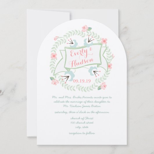 レトロコーラルピンクブルーグリーンヴィンテージフローラ 招待状 (正面)