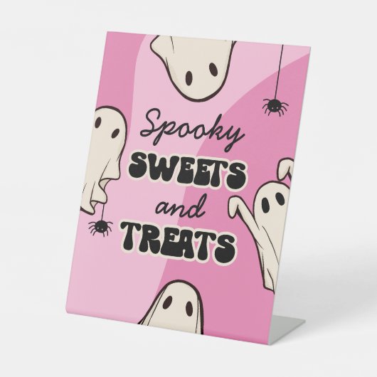 レトロゴーストピンクハロウィン誕生日パーティー装飾 台座サイン (正面)
