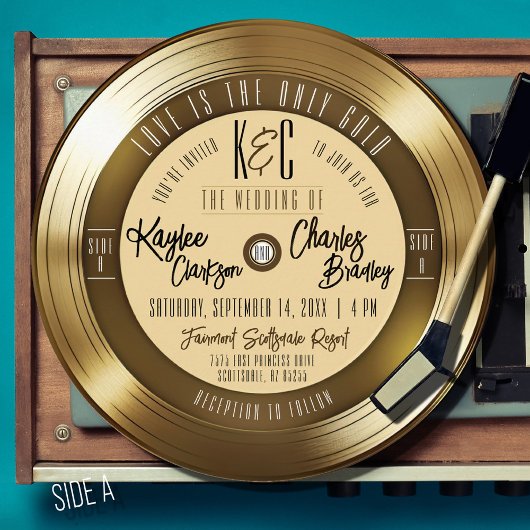 レトロゴールドビニールレコードユニークヴィンテージウェディング 招待状