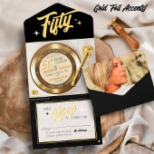 レトロゴールドフォイルビニールレコード50th誕生日パーティー オールインワン招待状