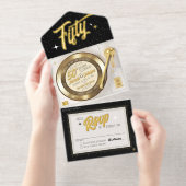 レトロゴールドフォイルビニールレコード50th誕生日パーティー オールインワン招待状 (切り取り部)