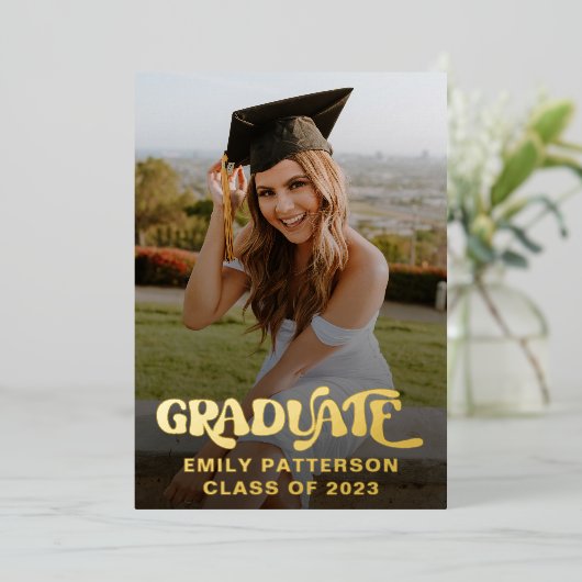 レトロゴールド箔卒業写真パーティー 箔招待状 (立ち正面)