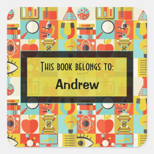 レトロサイエンスパーソナライズされたラボキッズ名タグ スクエアシール (正面)