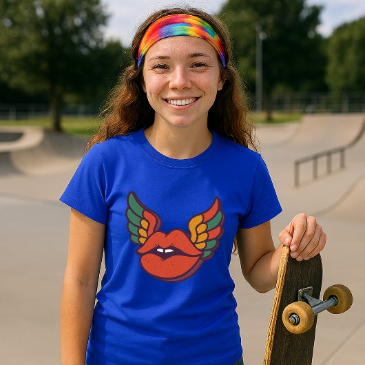 レトロサイケデリックのウィング付き唇 Tシャツ