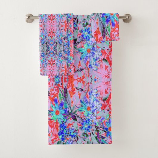 レトロサイケデリックアクアとオレンジ色の花 バスタオルセット (インサイチュ)