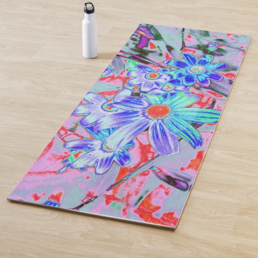レトロサイケデリックアクアとオレンジ色の花 ヨガマット (インサイチュ)