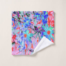 レトロサイケデリックアクアグリーンとオレンジフラワー ウォッシュタオル