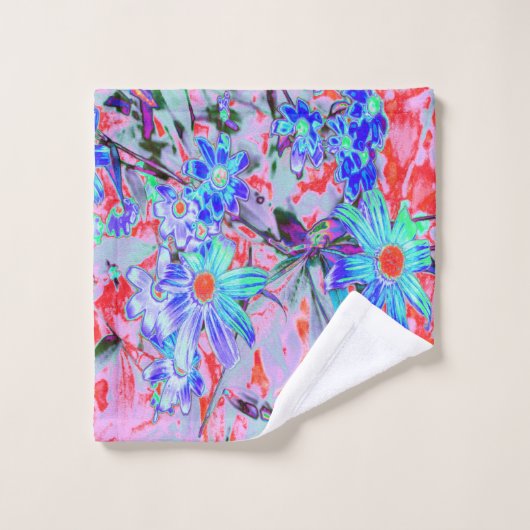 レトロサイケデリックアクアグリーンとオレンジフラワー ウォッシュタオル (ウォッシュタオル)