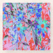 レトロサイケデリックアクアグリーンとオレンジフラワー ガラスコースター (正面)