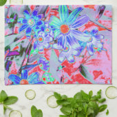 レトロサイケデリックアクアグリーンとオレンジフラワー キッチンタオル (折り畳み)