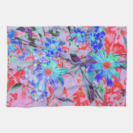 レトロサイケデリックアクアグリーンとオレンジフラワー キッチンタオル