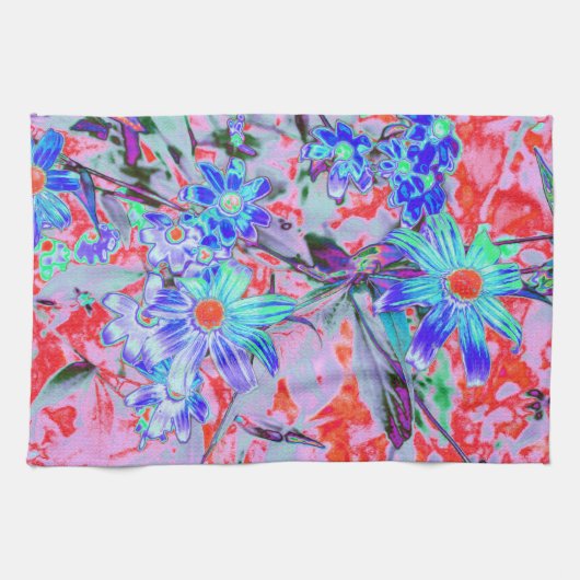 レトロサイケデリックアクアグリーンとオレンジフラワー キッチンタオル (横)