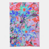 レトロサイケデリックアクアグリーンとオレンジフラワー キッチンタオル (縦)