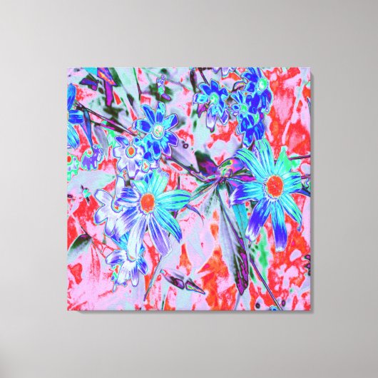 レトロサイケデリックアクアグリーンとオレンジフラワー キャンバスプリント (正面)