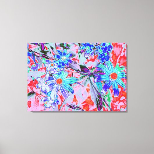 レトロサイケデリックアクアグリーンとオレンジフラワー キャンバスプリント (正面)