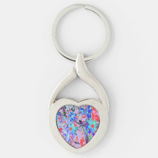 レトロサイケデリックアクアグリーンとオレンジフラワー キーホルダー (正面)