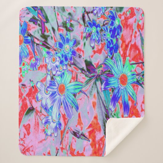 レトロサイケデリックアクアグリーンとオレンジフラワー シェルパブランケット (正面)