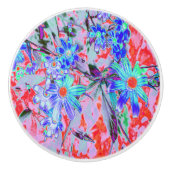 レトロサイケデリックアクアグリーンとオレンジフラワー セラミックノブ (正面)