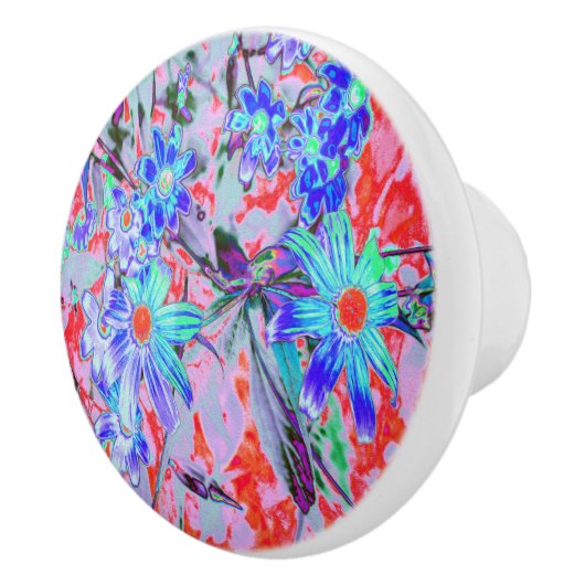 レトロサイケデリックアクアグリーンとオレンジフラワー セラミックノブ (右)