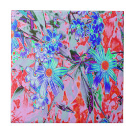 レトロサイケデリックアクアグリーンとオレンジフラワー タイル