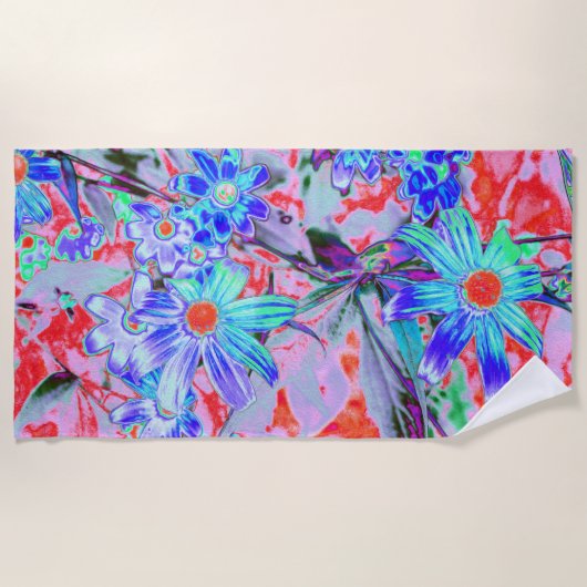 レトロサイケデリックアクアグリーンとオレンジフラワー ビーチタオル (正面)