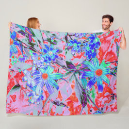 レトロサイケデリックアクアグリーンとオレンジフラワー フリースブランケット