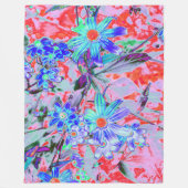 レトロサイケデリックアクアグリーンとオレンジフラワー フリースブランケット (正面)