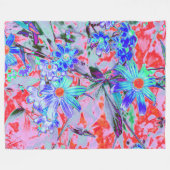 レトロサイケデリックアクアグリーンとオレンジフラワー フリースブランケット (正面(横))