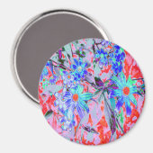 レトロサイケデリックアクアグリーンとオレンジフラワー マグネット (正面/裏面)