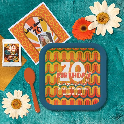 レトロサイケデリックウェーブ70誕生日 ペーパープレート