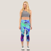 レトロサイケデリックグリーンとブルーのハイビスカスフラワー カプリレギンス (正面)