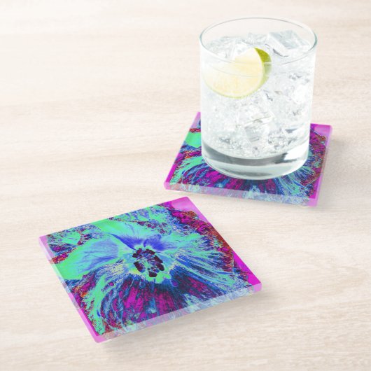 レトロサイケデリックグリーンとブルーのハイビスカスフラワー ガラスコースター (アングル)