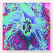 レトロサイケデリックグリーンとブルーのハイビスカスフラワー ガラスコースター (正面)