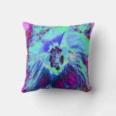 レトロサイケデリックグリーンとブルーのハイビスカスフラワー クッション (裏面)