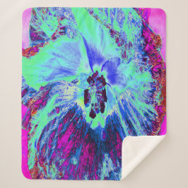 レトロサイケデリックグリーンとブルーのハイビスカスフラワー シェルパブランケット