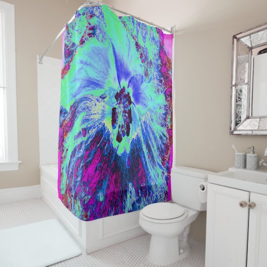 レトロサイケデリックグリーンとブルーのハイビスカスフラワー シャワーカーテン (インサイチュ)