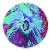 レトロサイケデリックグリーンとブルーのハイビスカスフラワー セラミックノブ (正面)