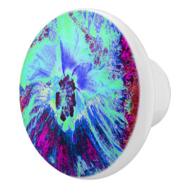 レトロサイケデリックグリーンとブルーのハイビスカスフラワー セラミックノブ