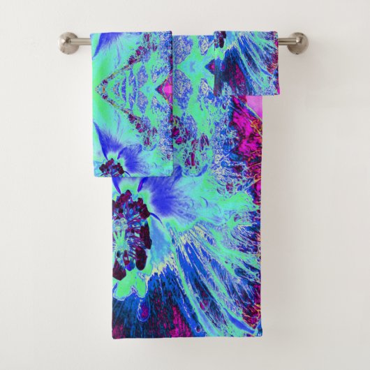 レトロサイケデリックグリーンとブルーのハイビスカスフラワー バスタオルセット (インサイチュ)